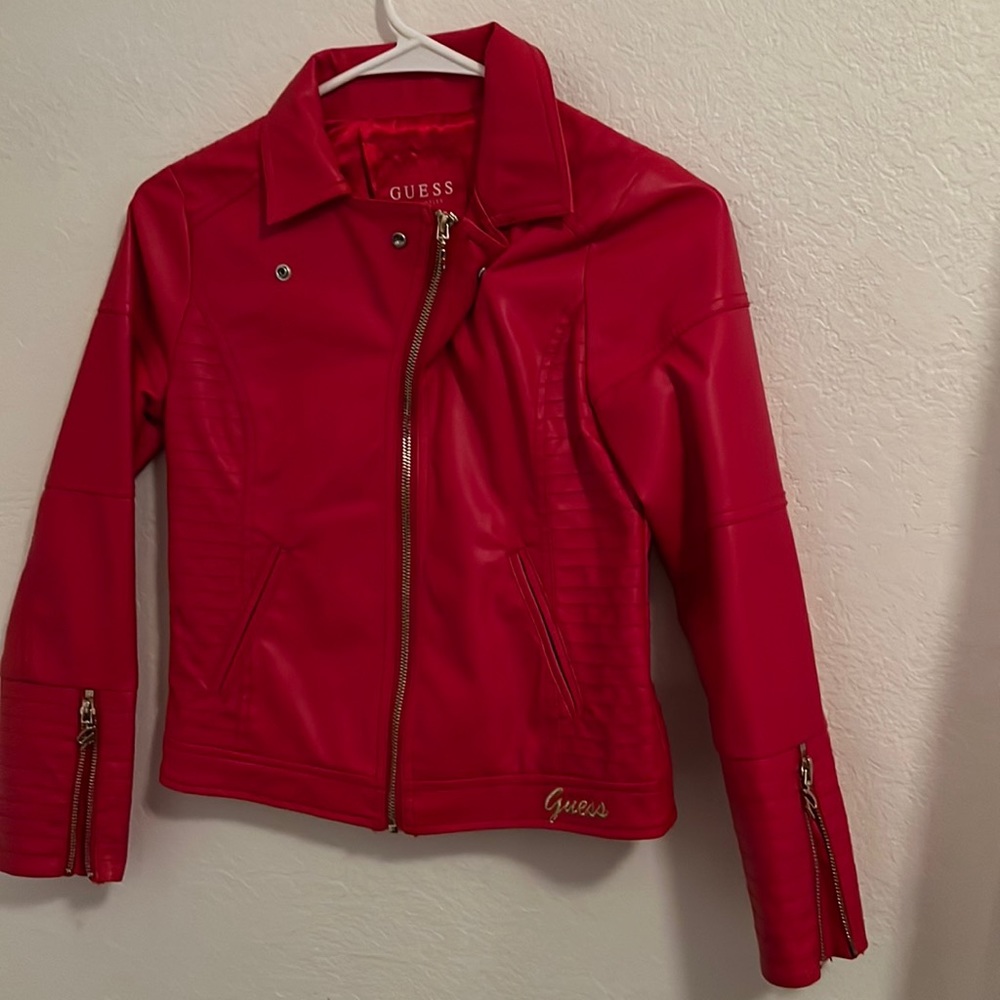Selling guess kids size 12 leather red jacket, 100% polyester